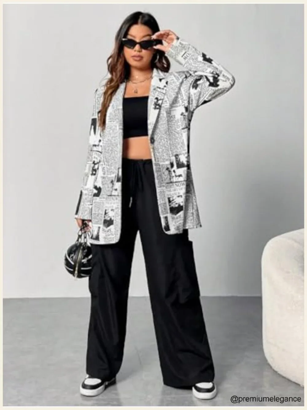Newspaper Print Blazer Shawl Collar Long Sleeve Work Office Jacket with Stretch